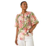 Roman Originals Patchwork Print Tie Front Blouse for Women UK - Ladies Everyday Holiday Spring Summer Round Neckline Comfy Soft Evening Vacation Work Party - Pink - Size 18