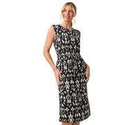 Roman Originals Petite Aztec Print Tie Waist Stretch Dress for Women UK - Ladies Everyday Holiday Spring Summer Round Neckline Comfy Soft Evening Vacation Work Party - Petite Black - Size 14