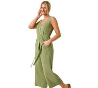 Roman Originals Petite Floral Button Through Jumpsuit for Women UK - Ladies Everyday Holiday Spring Summer V Neckline Comfy Soft Evening Vacation Work Party - Petite Sage - Size 16
