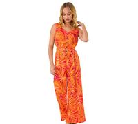 Roman Originals Petite Floral Button Through Jumpsuit for Women UK - Ladies Everyday Holiday Spring Summer V Neckline Comfy Soft Evening Vacation Work Party - Orange Palm - Size 14