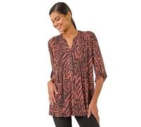 Roman Originals Pintuck Shirt for Women Ladies Jersey Blouse Collarless Top Flare Crinkle Notch Neck Tunic 3/4 Length Sleeve Longline Smart Casual Party Going Out - Rust Animal - Size 16