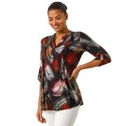Roman Originals Pintuck Shirt for Women Ladies Jersey Blouse Collarless Top Flare Crinkle Notch Neck Tunic 3/4 Length Sleeve Longline Smart Casual Party Going Out - Black Palm - Size 20