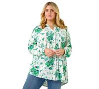 Roman Originals Pintuck Shirt for Women Ladies Jersey Blouse Collarless Top Flare Crinkle Notch Neck Tunic 3/4 Length Sleeve Longline Smart Casual Party Going Out - Floral Green Plus - Size 22