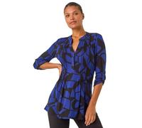 Roman Originals Pintuck Shirt for Women Ladies Jersey Blouse Collarless Top Flare Crinkle Notch Neck Tunic 3/4 Length Sleeve Longline Smart Casual Party Going Out - Black & Blue - Size 10