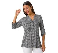 Roman Originals Pintuck Shirt for Women Ladies Jersey Blouse Collarless Top Flare Crinkle Notch Neck Tunic 3/4 Length Sleeve Longline Smart Casual Party Going Out - Black Animal - Size 12