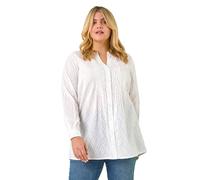 Roman Originals Pintuck Shirt for Women Ladies Jersey Blouse Collarless Top Flare Crinkle Notch Neck Tunic 3/4 Length Sleeve Longline Smart Casual Party Going Out - White Plus - Size 18