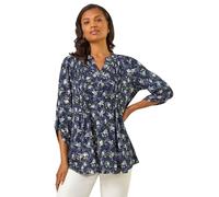 Roman Originals Pintuck Shirt for Women Ladies Jersey Blouse Collarless Top Flare Crinkle Notch Neck Tunic 3/4 Length Sleeve Longline Smart Casual Party Going Out - Navy Floral - Size 18