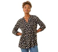 Roman Originals Pintuck Shirt for Women Ladies Jersey Blouse Collarless Top Flare Crinkle Notch Neck Tunic 3/4 Length Sleeve Longline Smart Casual Party Going Out - Noir Spot - Size 14