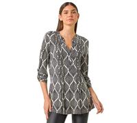 Roman Originals Pintuck Shirt for Women Ladies Jersey Blouse Collarless Top Flare Crinkle Notch Neck Tunic 3/4 Length Sleeve Longline Smart Casual Party Going Out - Ivory - Size 18