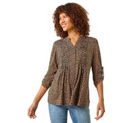 Roman Originals Pintuck Shirt for Women Ladies Jersey Blouse Collarless Top Flare Crinkle Notch Neck Tunic 3/4 Length Sleeve Longline Smart Casual Party Going Out - Black Spot - Size 20