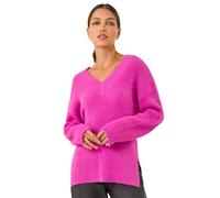 Roman Originals Plain V-Neck Fluffy Knit Jumper for Women UK - Ladies Everyday Autumn Winter V-Neckline Comfy Soft Evening Vacation Work Party Night Out - Magenta - Size 20