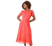 Roman Originals Pleat Chiffon Belted Midi Dress for Women UK - Ladies Everyday Holiday Spring Summer Round Neckline Comfy Soft Evening Vacation Work Party - Coral - Size 14