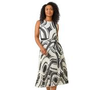 Roman Originals Pleated Dress for Women UK Ladies Fit and Flare Everyday Smart Casual Work Office Meeting Wedding Guest Comfortable Round Neck Knee Length Midi Jersey - Petite Black - Size 10