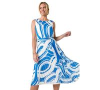 Roman Originals Pleated Dress for Women UK Ladies Fit and Flare Everyday Smart Casual Work Office Meeting Wedding Guest Comfortable Round Neck Knee Length Midi Jersey - Petite Abstract Navy - Size 14