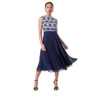 Roman Originals Pleated Dress for Women UK Ladies Fit and Flare Everyday Smart Casual Work Office Meeting Wedding Guest Comfortable Round Neck Knee Length Midi Jersey - Petite Navy - Size 16