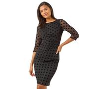 Roman Originals Polka Dot Ruched Stretch Dress for Women UK - Ladies Everyday Autumn Winter Round Neckline Comfy Soft Evening Vacation Work Party Night Out - Black - Size 14