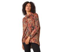 Roman Originals Print Relaxed Cowl Neck Tunic Top for Women UK - Ladies Everyday Autumn Winter Comfy Soft Evening Vacation Work Party Night Out - Tan - Size 10