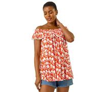 Roman Originals Printed Bardot Trim Detail Top for Women UK - Ladies Everyday Holiday Spring Summer Comfy Soft Evening Vacation Work Party - Orange - Size 20