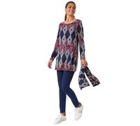 Roman Originals Printed Longline Tunic for Women UK - Ladies Everyday Autumn Winter Round Neckline Comfy Soft Evening Vacation Work Party Night Out - Midnight Blue - Size 10