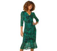 Roman Originals Printed Mesh Midi Dress for Women UK - Ladies Everyday Autumn Winter V-Neckline Comfy Soft Evening Vacation Work Party Night Out - Green - Size 14