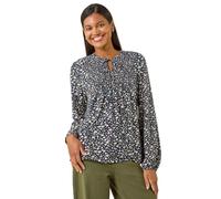 Roman Originals Printed Shirred Tie Neck Top for Women UK - Ladies Everyday Autumn Winter Round Neckline Comfy Soft Evening Vacation Work Party Night Out - Navy - Size 14