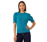Roman Originals Puff Sleeve Buttoned Knit Top for Women UK - Ladies Everyday Autumn Winter Round Neckline Comfy Soft Evening Vacation Work Party Night Out - Teal - Size 10