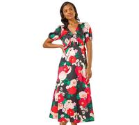 Roman Originals Puff Sleeve Floral Satin Midi Dress for Women UK - Ladies Everyday Holiday Spring Summer V-Neckline Comfy Soft Evening Vacation Work Party - Red - Size 18