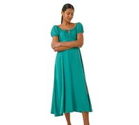 Roman Originals Puff Sleeve Linen Mix Midi Dress for Women UK - Ladies Everyday Holiday Spring Summer Square Neckline Comfy Soft Evening Vacation Work Party - Jade Green - Size 10