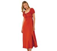 Roman Originals Puff Sleeve Linen Mix Midi Dress for Women UK - Ladies Everyday Holiday Spring Summer Square Neckline Comfy Soft Evening Vacation Work Party - Orange - Size 16
