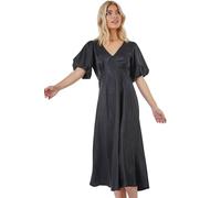 Roman Originals Puff Sleeve Satin Midi Dress for Women UK - Ladies Spring Everyday Summer Holiday V-Neckline Comfy Empire Waist Soft Frock Stretch Gowns - Black - Size 12