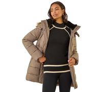 Roman Originals Quilted Padded Coat For Women UK - Ladies Parka Winter Jacket Faux Fur Trim Hooded Short Autumn Waterproof Water Resistant Everyday Comfy Vacation Work - Mocha - Size 20
