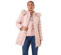 Roman Originals Quilted Padded Coat For Women UK - Ladies Parka Winter Jacket Faux Fur Trim Hooded Short Autumn Waterproof Water Resistant Everyday Comfy Vacation Work - Petite Light Pink - Size 16