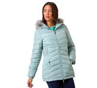 Roman Originals Quilted Padded Coat for Women UK - Ladies Parka Winter Jacket Faux Fur Trim Hooded Short Autumn Waterproof Water Resistant Everyday Holiday Comfy Vacation Work - Light Sage - Size 16
