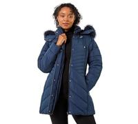 Roman Originals Quilted Padded Coat For Women UK - Ladies Parka Winter Jacket Faux Fur Trim Hooded Short Autumn Waterproof Water Resistant Everyday Comfy Vacation Work - Petite Navy - Size 16