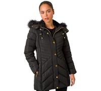Roman Originals Quilted Padded Coat For Women UK - Ladies Parka Winter Jacket Faux Fur Trim Hooded Short Autumn Waterproof Water Resistant Everyday Comfy Vacation Work - Petite Noir - Size 14