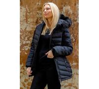 Roman Originals Quilted Padded Coat For Women UK - Ladies Parka Winter Jacket Faux Fur Trim Hooded Short Autumn Waterproof Water Resistant Everyday Comfy Vacation Work - Black - Size 16