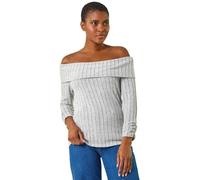 Roman Originals Ribbed Bardot Stretch Top for Women UK - Ladies Everyday Autumn Winter Comfy Soft Evening Vacation Work Party Night Out - Light Grey - Size 16