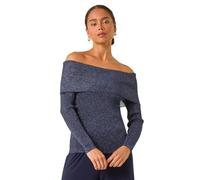Roman Originals Ribbed Bardot Stretch Top for Women UK - Ladies Everyday Autumn Winter Comfy Soft Evening Vacation Work Party Night Out - Midnight Blue - Size 18