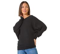 Roman Originals Ribbed Batwing Knit Jumper for Women UK - Ladies Everyday Autumn Winter Slash Neckline Comfy Soft Evening Vacation Work Party Night Out - Black - Size 12