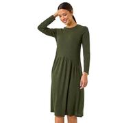Roman Originals Ribbed Drop Waist Stretch Dress for Women UK - Ladies Everyday Autumn Winter Round Neckline Comfy Soft Evening Vacation Work Party Night Out - Dark Green - Size 20