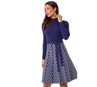 Roman Originals Ribbed Jumper Dress for Women UK with Contrast Panelled Skirt Ladies Everyday Autumn Winter High Neckline Comfy Soft Evening Vacation Work Party Night Out - Navy - Size 20