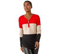 Roman Originals Ribbed Jumper for Women UK - Ladies Textured Top Colour Block Knitted Tunic Autumn Winter Zip Everyday Casual Blouse Day V-Neck Warm Long Sleeve Cosy Jersey - Red Multi - Size 12