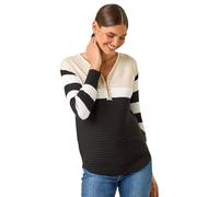 Roman Originals Ribbed Jumper for Women UK - Ladies Textured Top Colour Block Knitted Tunic Autumn Winter Zip Everyday Casual Blouse Day V-Neck Warm Long Sleeve Cosy Jersey - Black Beige - Size 10