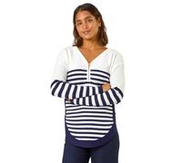 Roman Originals Ribbed Jumper for Women UK - Ladies Textured Top Colour Block Knitted Tunic Autumn Winter Zip Everyday Casual Blouse Day V-Neck Warm Long Sleeve Cosy Jersey - Ivory - Size 16