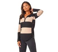 Roman Originals Ribbed Jumper for Women UK - Ladies Textured Top Colour Block Knitted Tunic Autumn Winter Zip Everyday Casual Blouse Day V-Neck Warm Long Sleeve Cosy Jersey - Beige - Size 12