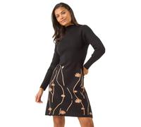 Roman Originals Ribbed Knit Floral Stretch Dress for Women UK - Ladies Everyday Autumn Winter Turtle Neckline Comfy Soft Evening Vacation Work Party Night Out - Black - Size 18