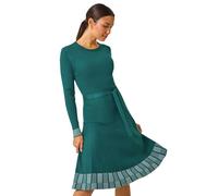 Roman Originals Ribbed Stretch Knit Border Print Dress for Women UK - Ladies Everyday Autumn Winter Round Neckline Comfy Soft Evening Vacation Work Party Night Out - Teal - Size 12