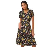 Roman Originals Ring Buckle Wrap Stretch Dress for Women UK - Ladies Autumn Everyday Winter Holiday 3/4 Sleeve Soft V-Neckline Comfy Knee Length Frock Warm Gowns Midi - Floral Pink - Size 16