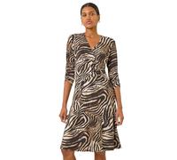 Roman Originals Ring Buckle Wrap Stretch Dress for Women UK - Ladies Autumn Everyday Winter Holiday 3/4 Sleeve Soft V-Neckline Comfy Knee Length Frock Warm Gowns Midi - Natural - Size 16