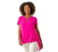 Roman Originals Ring Front Chiffon Overlay Top for Women UK - Ladies Everyday Holiday Spring Summer Round Neckline Comfy Soft Evening Vacation Work Party - Cerise - Size 14